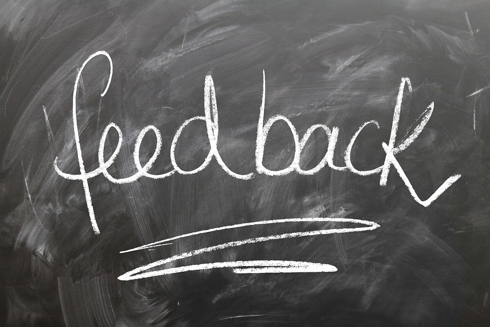 The word Feedback written on a classroom chalkboard