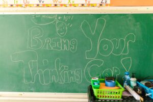 Chalkboard with Bring your thinking cap written on it